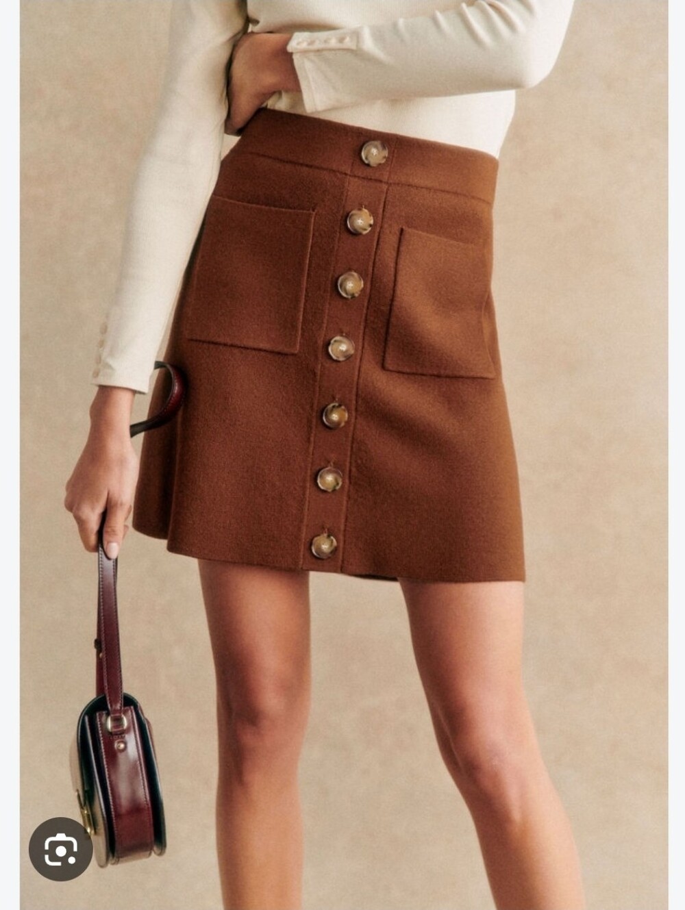 NWT Sezane  Luisa Hazalnut  Button-Front Mini Skirt merino wool Size L